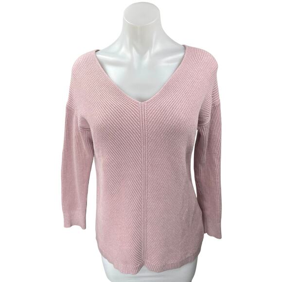 L.L. Bean Pink Ribbed Knit V Neck Long Sleeve Cozy Pullover Sweater Top Size S - Picture 1 of 3